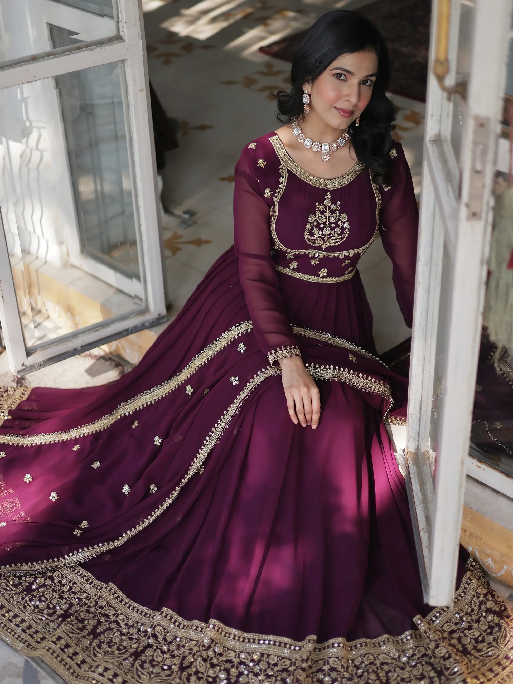 Beautiful Wine Sequins Work Georgette Bridal Wear Gown With Dupatta - Zeel Clothing