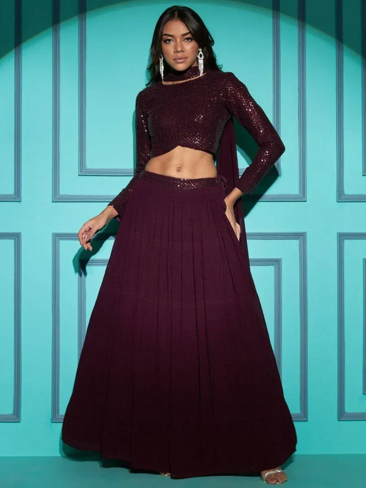 Beautiful Wine Sequins Work Georgette Wedding Wear Lehenga Choli - Zeel Clothing
