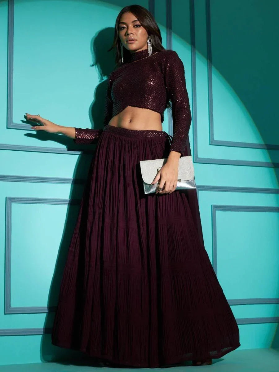 Beautiful Wine Sequins Work Georgette Wedding Wear Lehenga Choli - Zeel Clothing