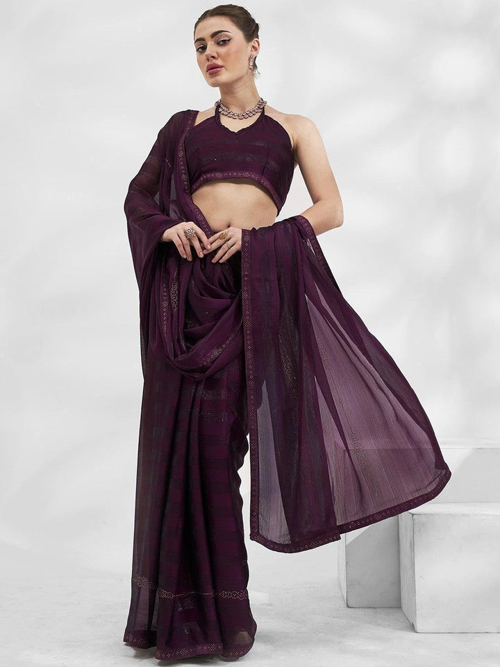 Beautiful Wine Swarovski Work Chiffon Saree With Blouse