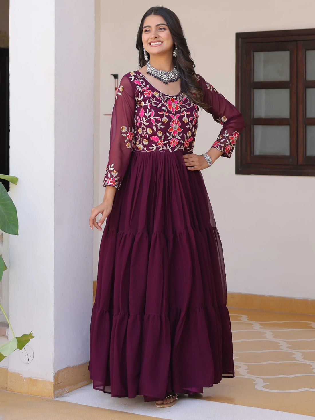 Beautiful Wine Thread Work Georgette Casual Wear Anarkali Gown - Zeel Clothing