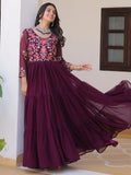 Beautiful Wine Thread Work Georgette Casual Wear Anarkali Gown - Zeel Clothing