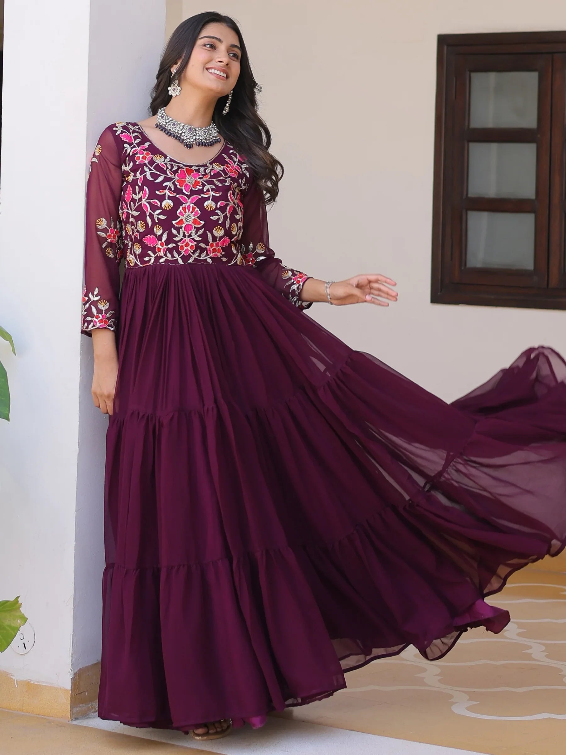 Beautiful Wine Thread Work Georgette Casual Wear Anarkali Gown - Zeel Clothing