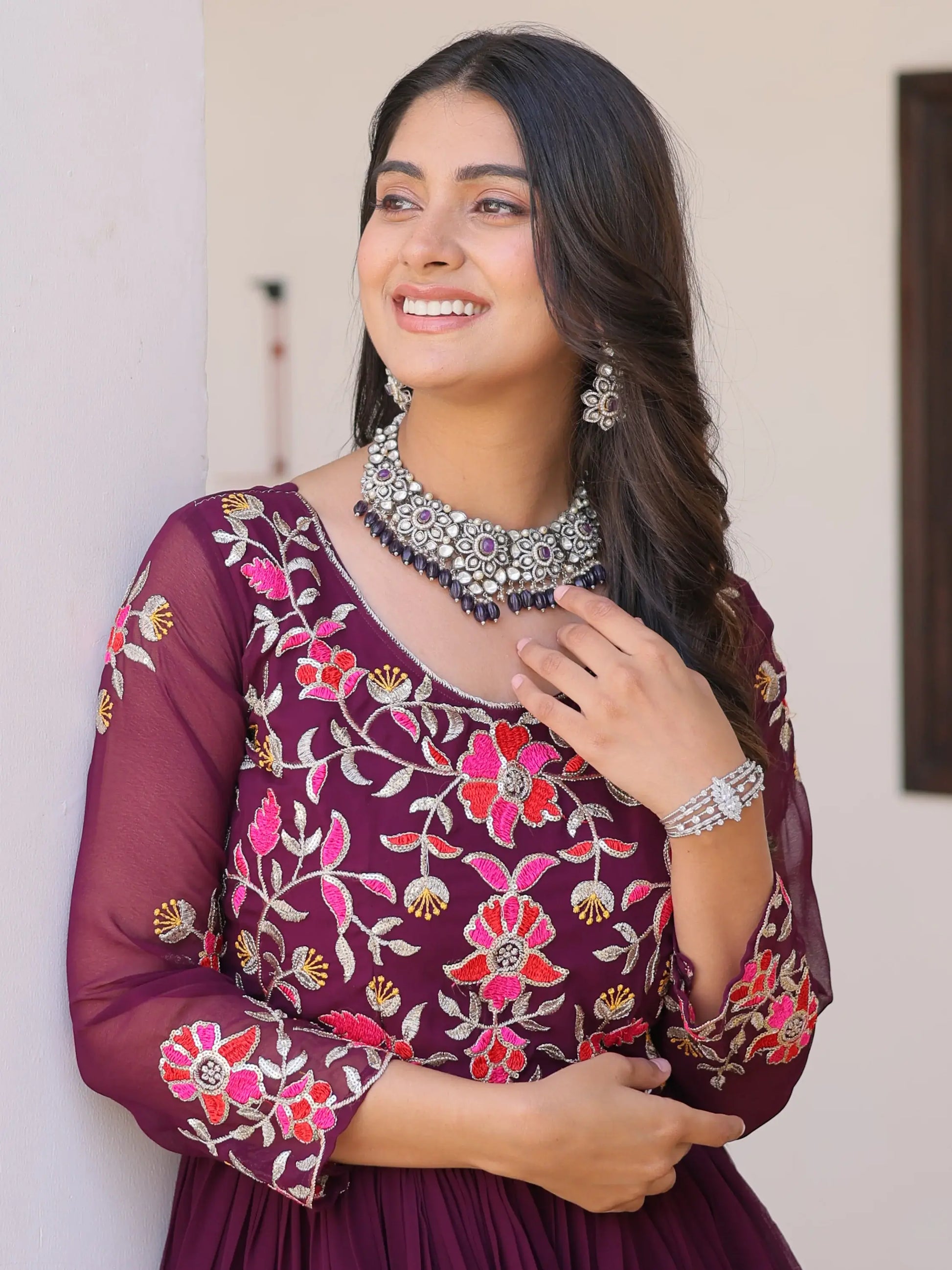 Beautiful Wine Thread Work Georgette Casual Wear Anarkali Gown - Zeel Clothing