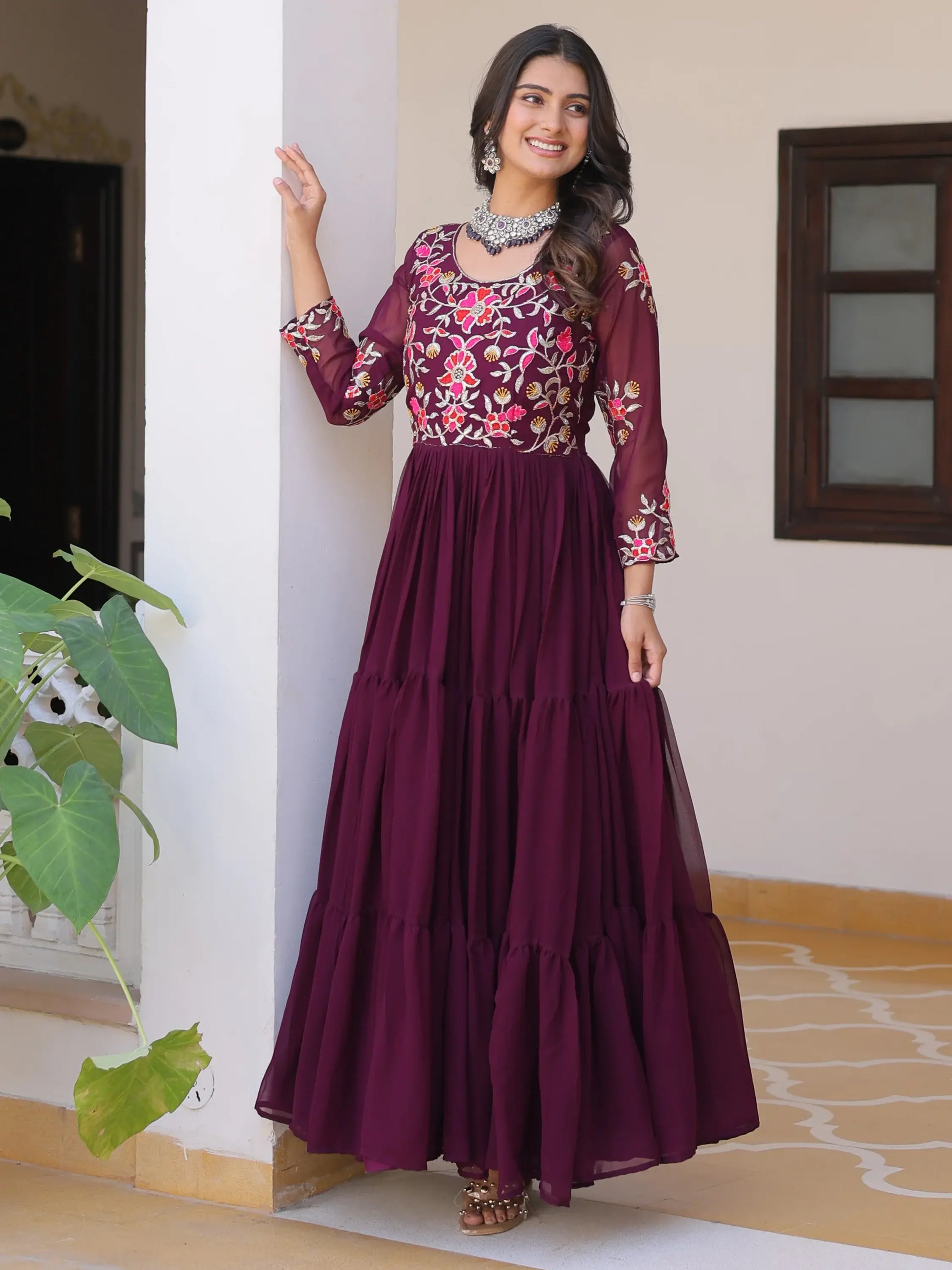 Beautiful Wine Thread Work Georgette Casual Wear Anarkali Gown - Zeel Clothing