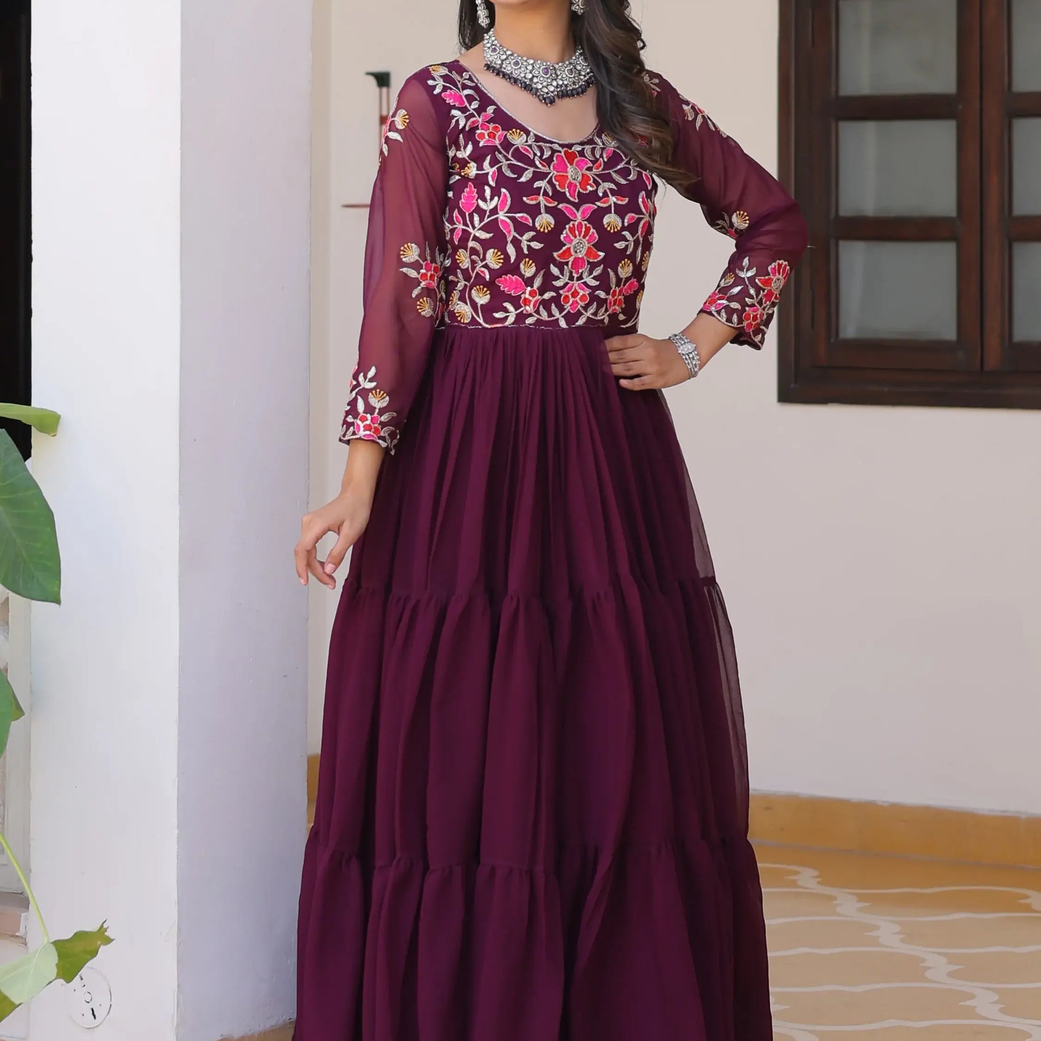 Beautiful Wine Thread Work Georgette Casual Wear Anarkali Gown - Zeel Clothing