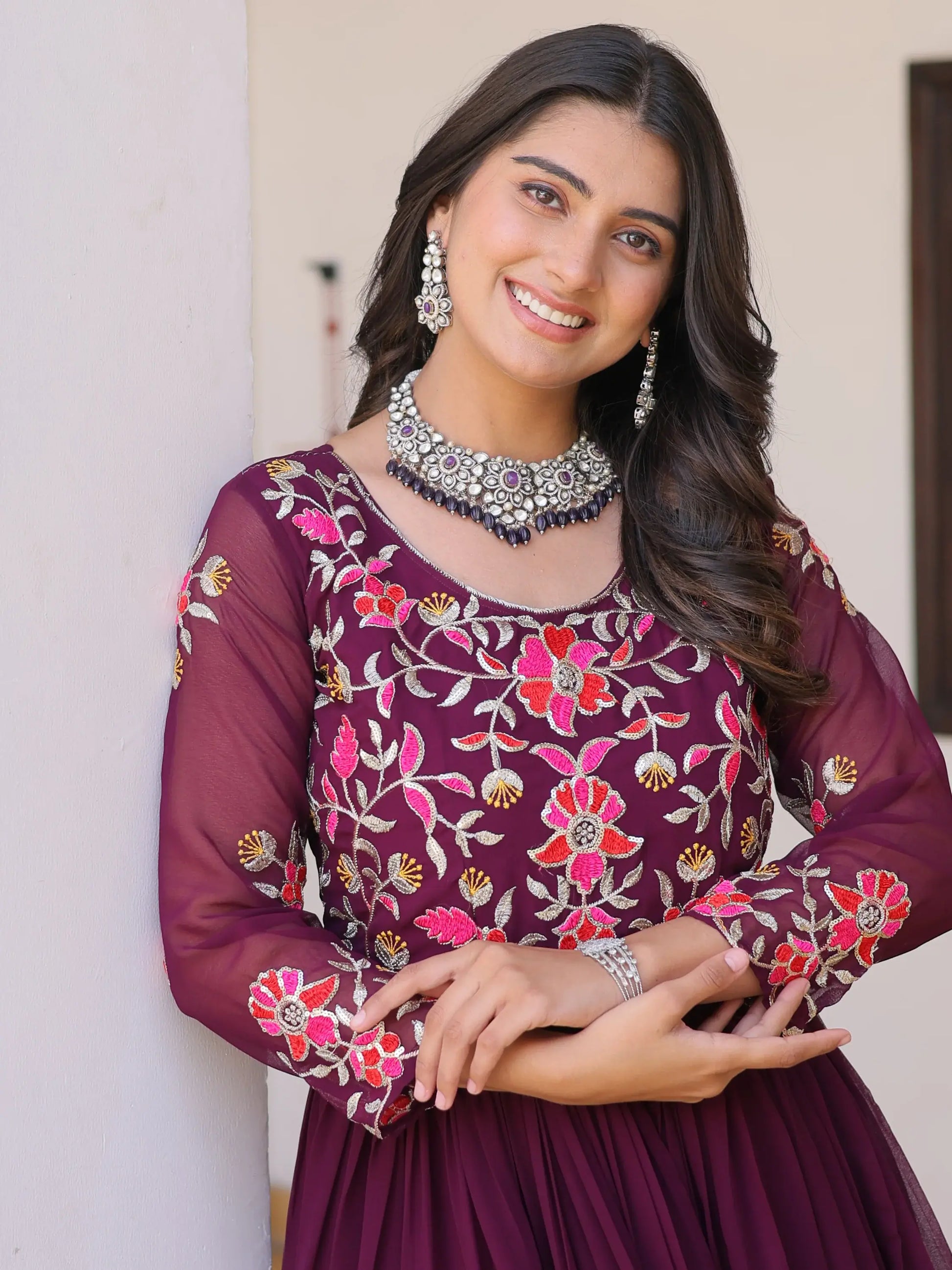 Beautiful Wine Thread Work Georgette Casual Wear Anarkali Gown - Zeel Clothing