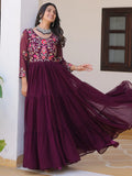 Beautiful Wine Thread Work Georgette Casual Wear Anarkali Gown - Zeel Clothing