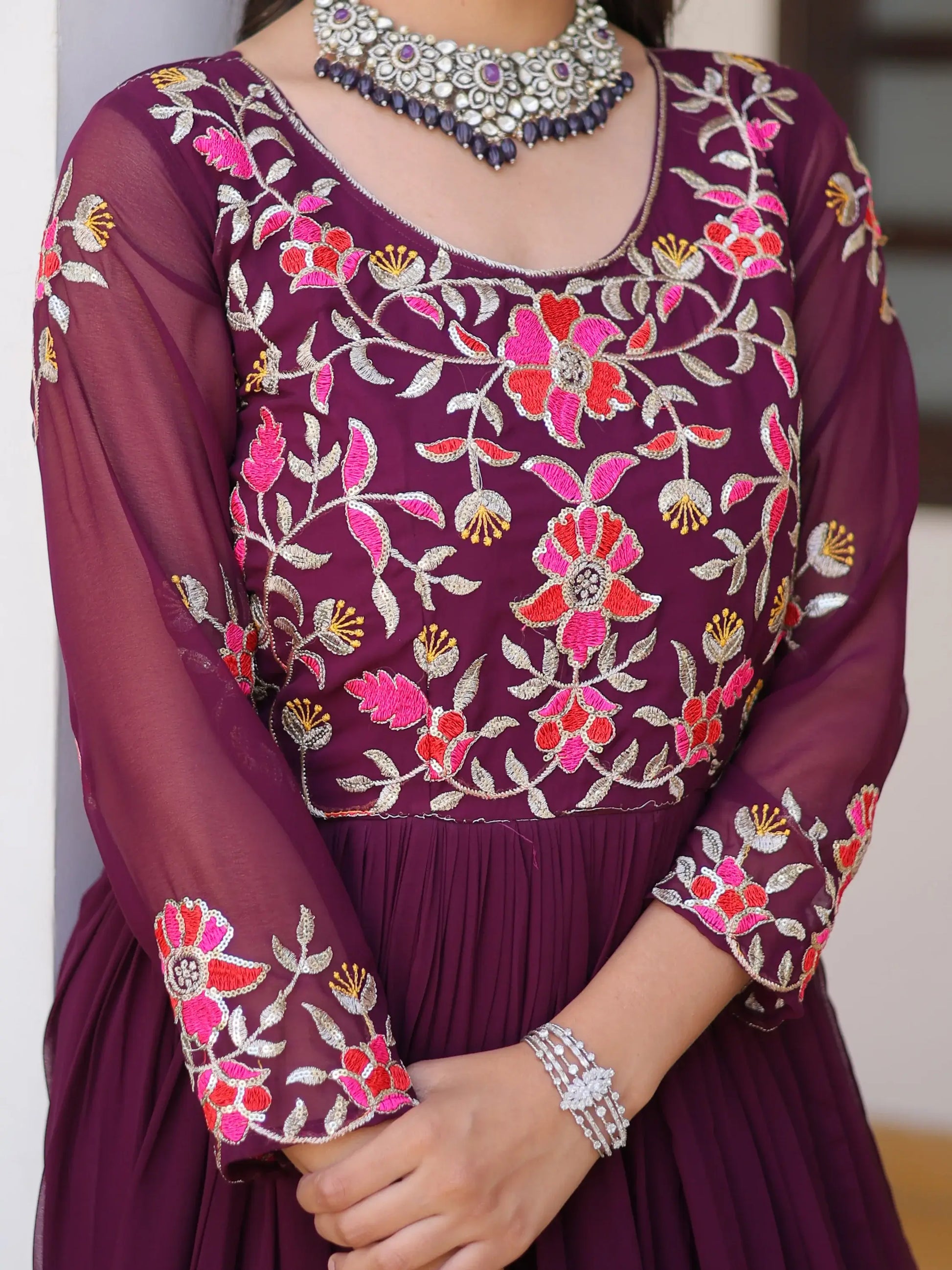 Beautiful Wine Thread Work Georgette Casual Wear Anarkali Gown - Zeel Clothing