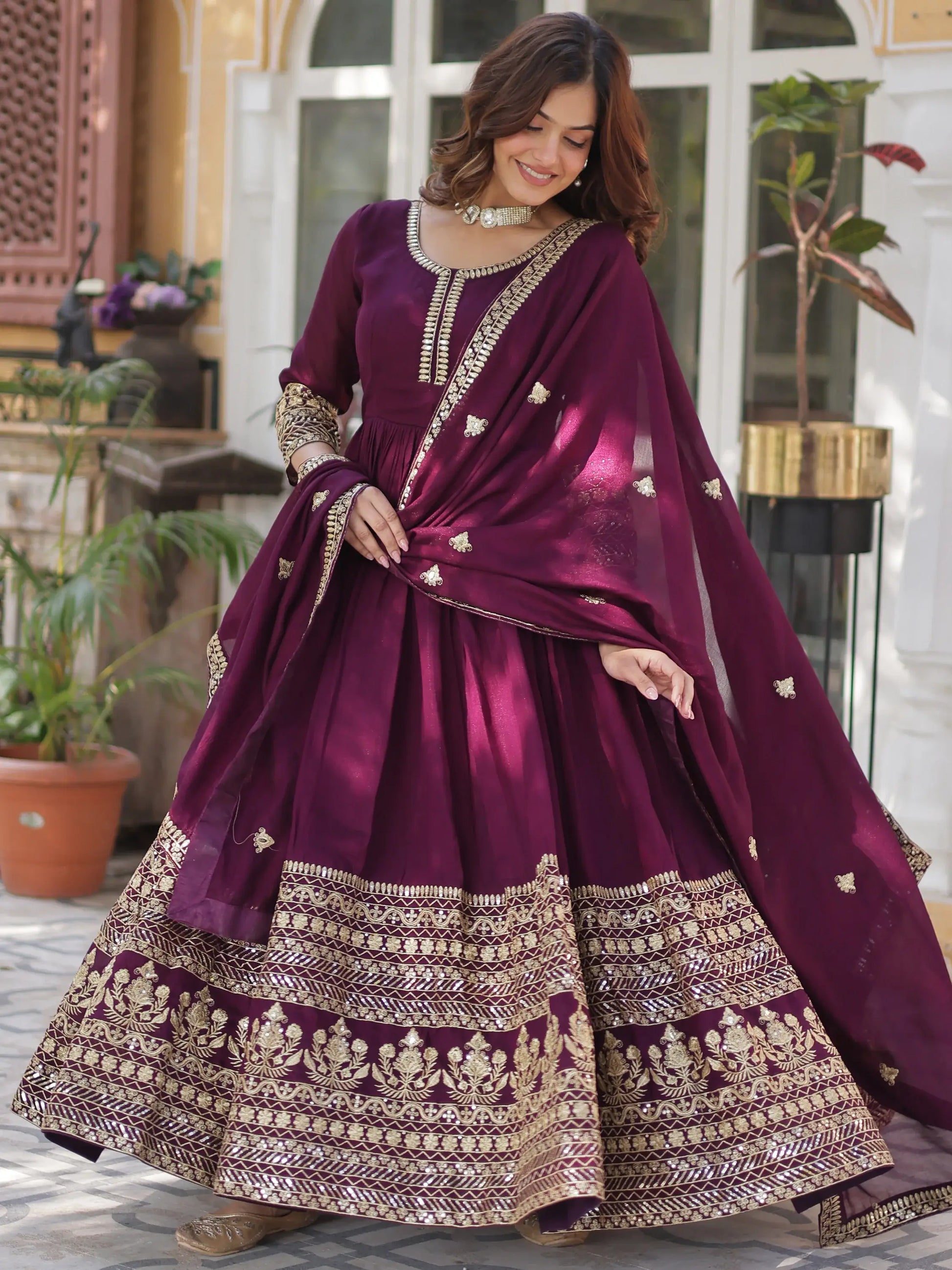 Beautiful Wine Zari Embroidered Silk Gown With Dupatta - Zeel Clothing