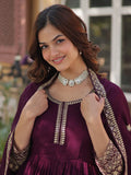 Beautiful Wine Zari Embroidered Silk Gown With Dupatta - Zeel Clothing