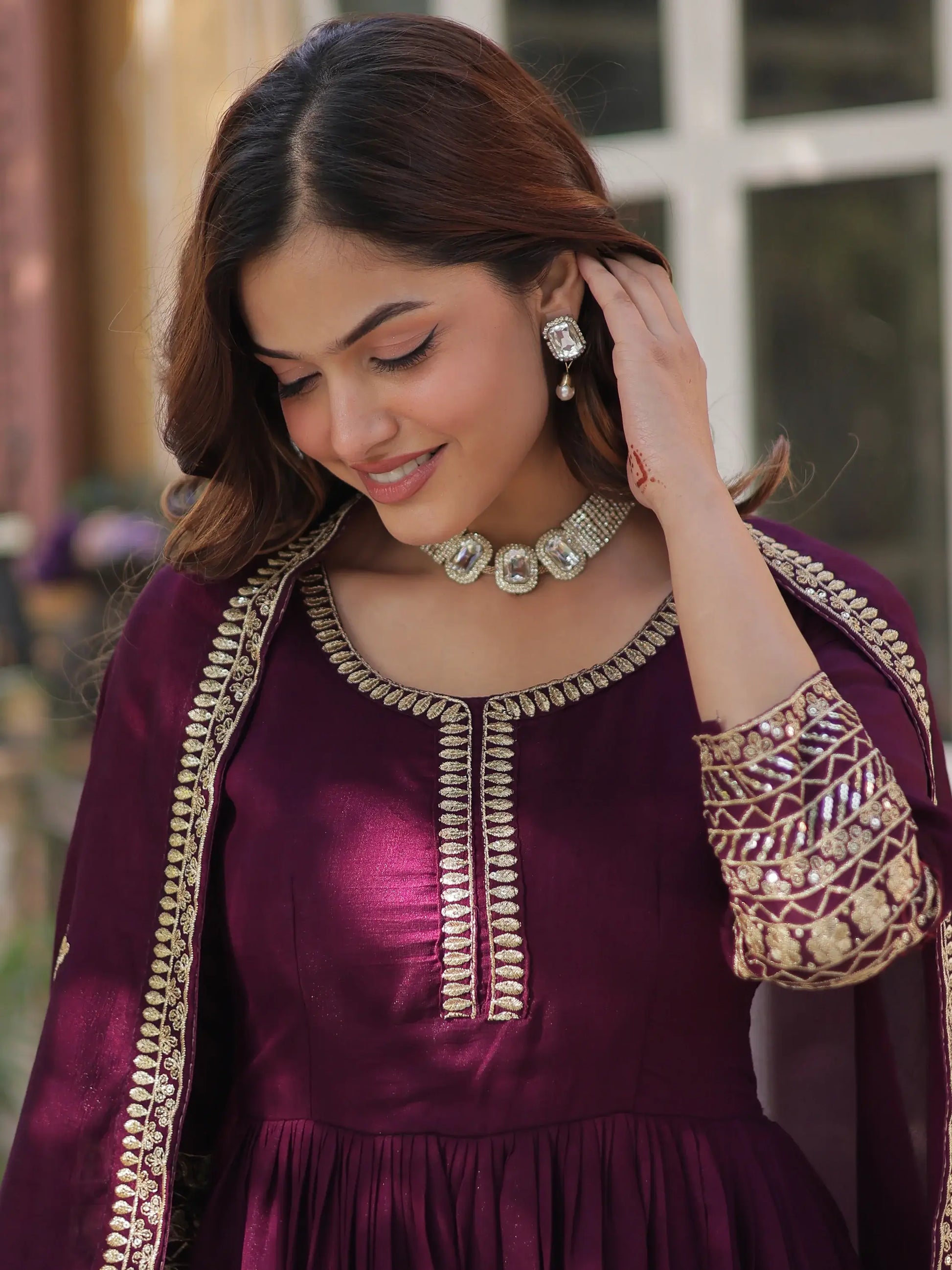Beautiful Wine Zari Embroidered Silk Gown With Dupatta - Zeel Clothing