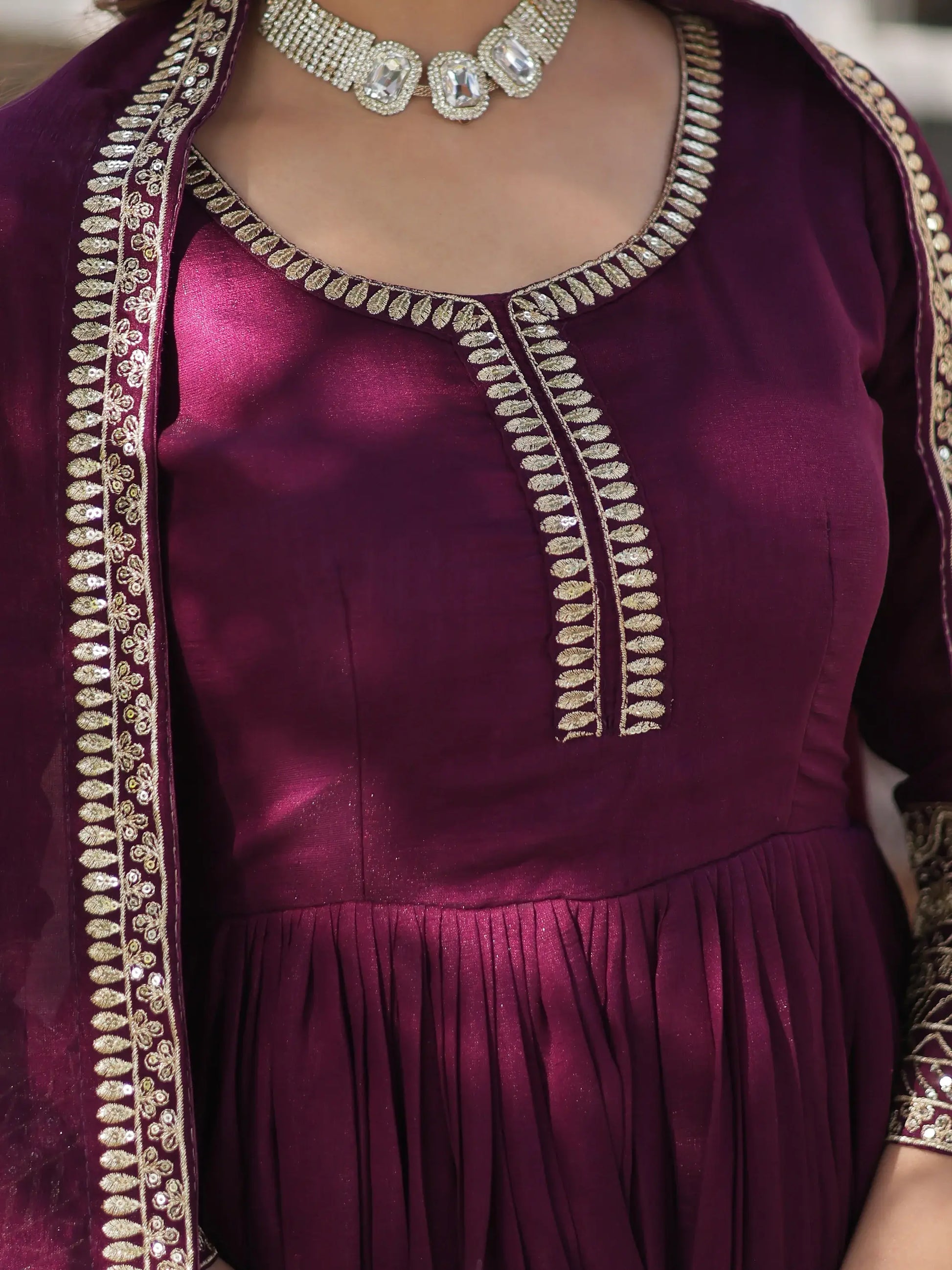 Beautiful Wine Zari Embroidered Silk Gown With Dupatta - Zeel Clothing