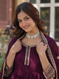 Beautiful Wine Zari Embroidered Silk Gown With Dupatta - Zeel Clothing