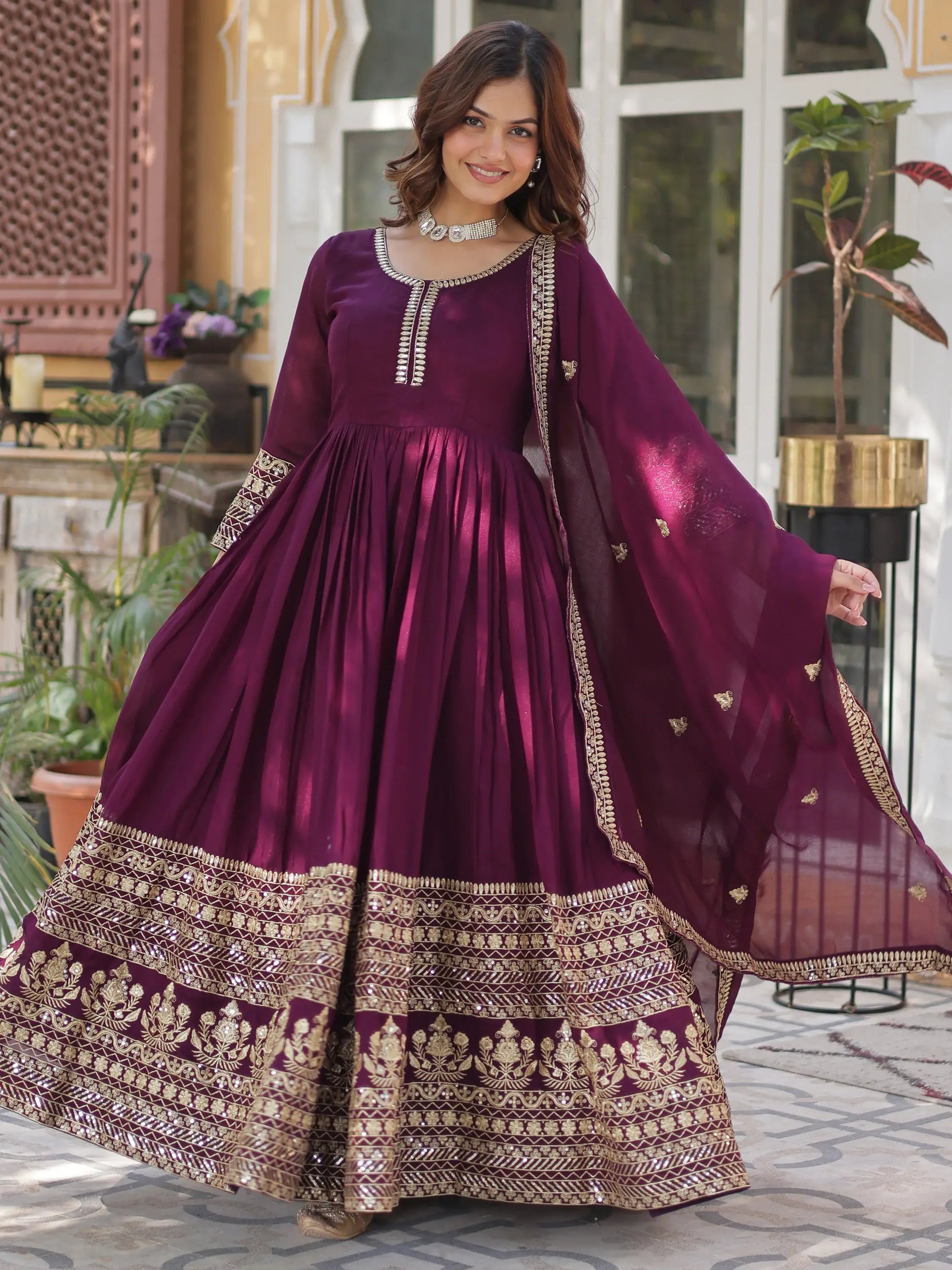 Beautiful Wine Zari Embroidered Silk Gown With Dupatta - Zeel Clothing