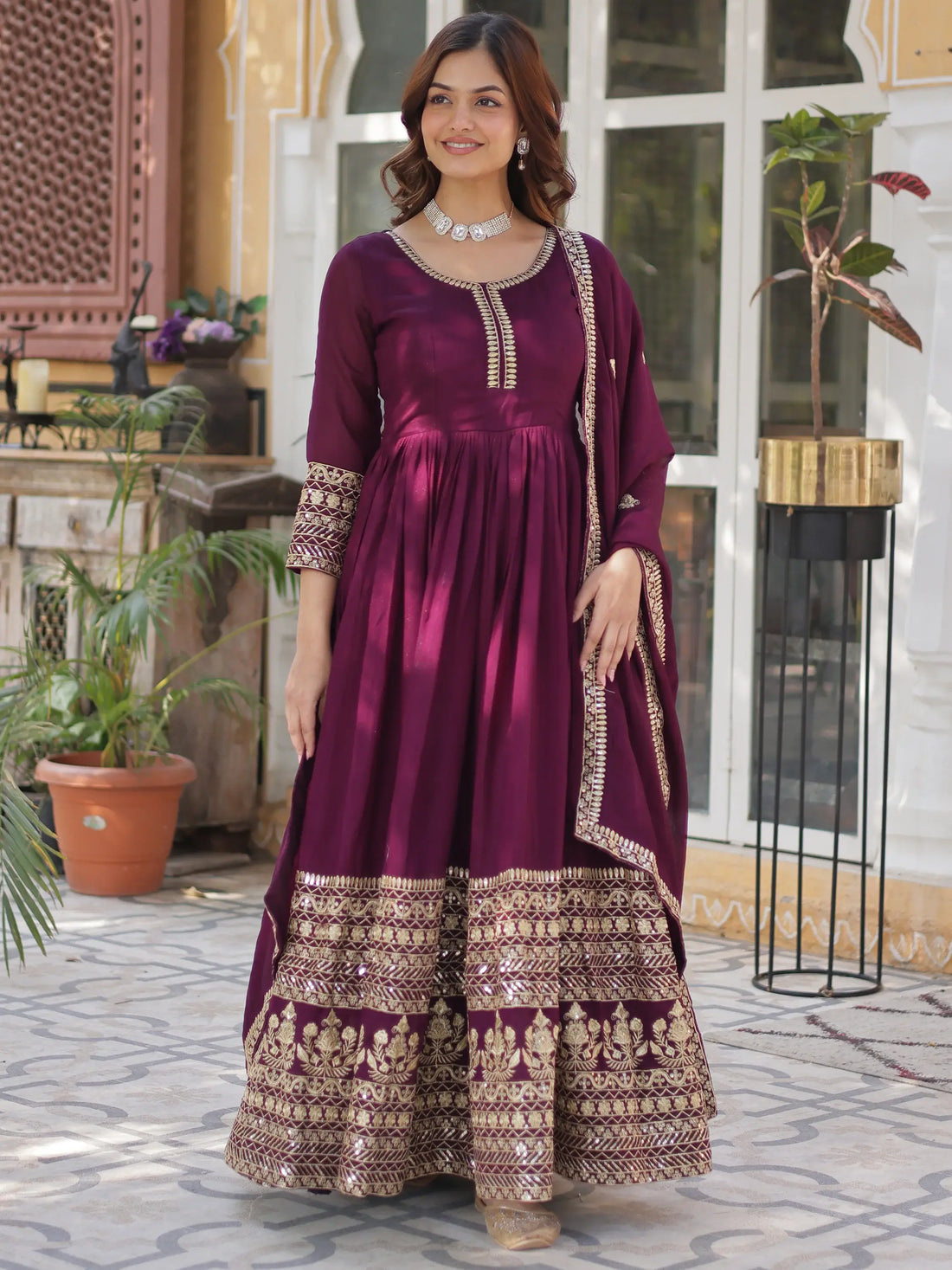 Beautiful Wine Zari Embroidered Silk Gown With Dupatta - Zeel Clothing