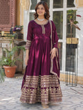 Beautiful Wine Zari Embroidered Silk Gown With Dupatta - Zeel Clothing