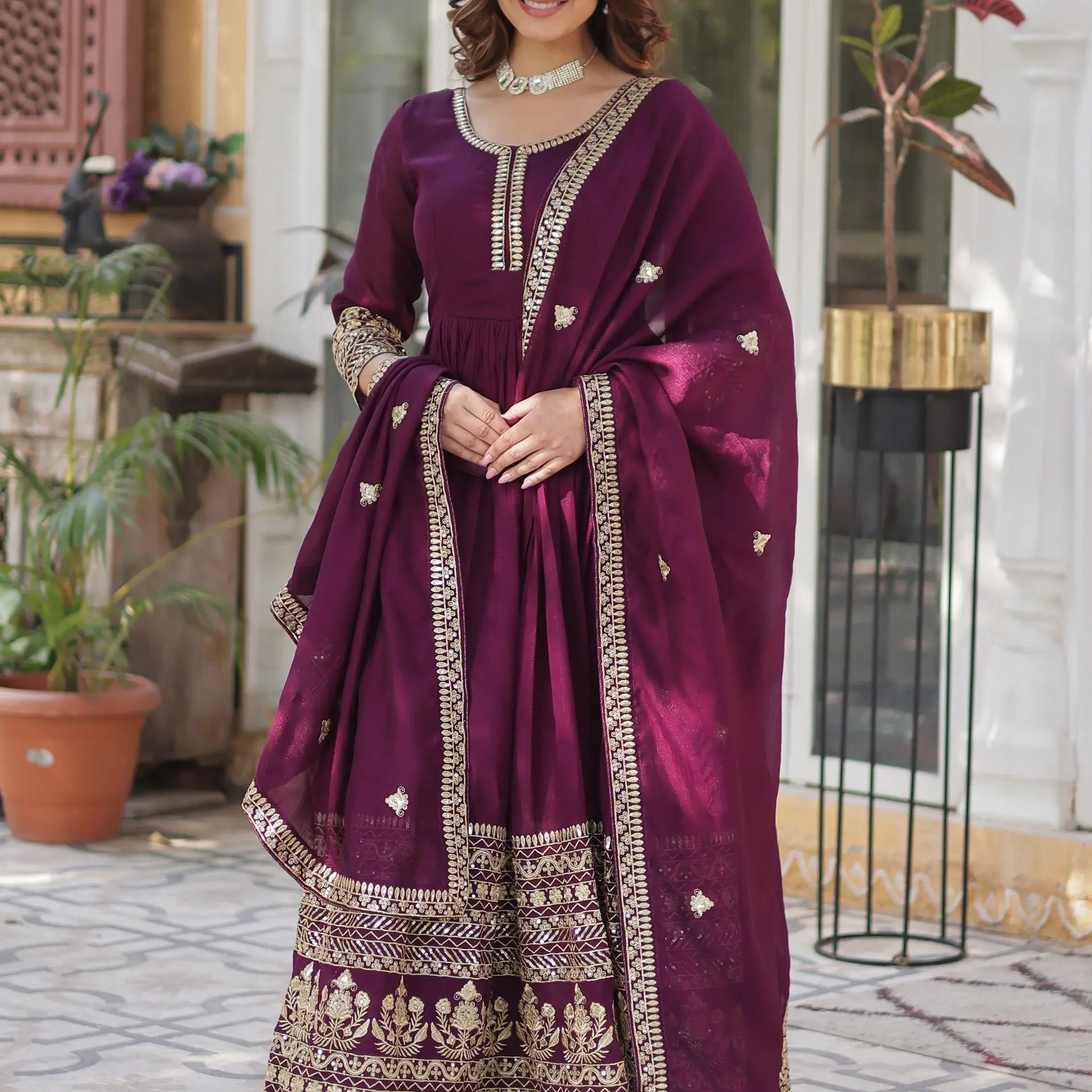 Beautiful Wine Zari Embroidered Silk Gown With Dupatta - Zeel Clothing