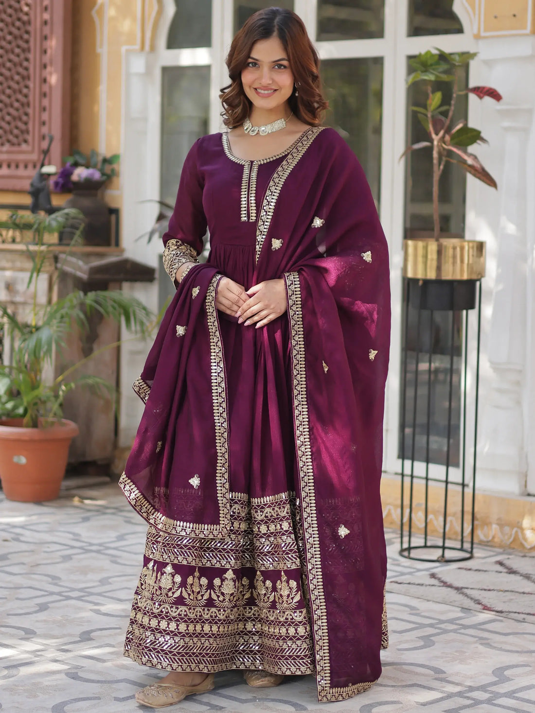 Beautiful Wine Zari Embroidered Silk Gown With Dupatta - Zeel Clothing