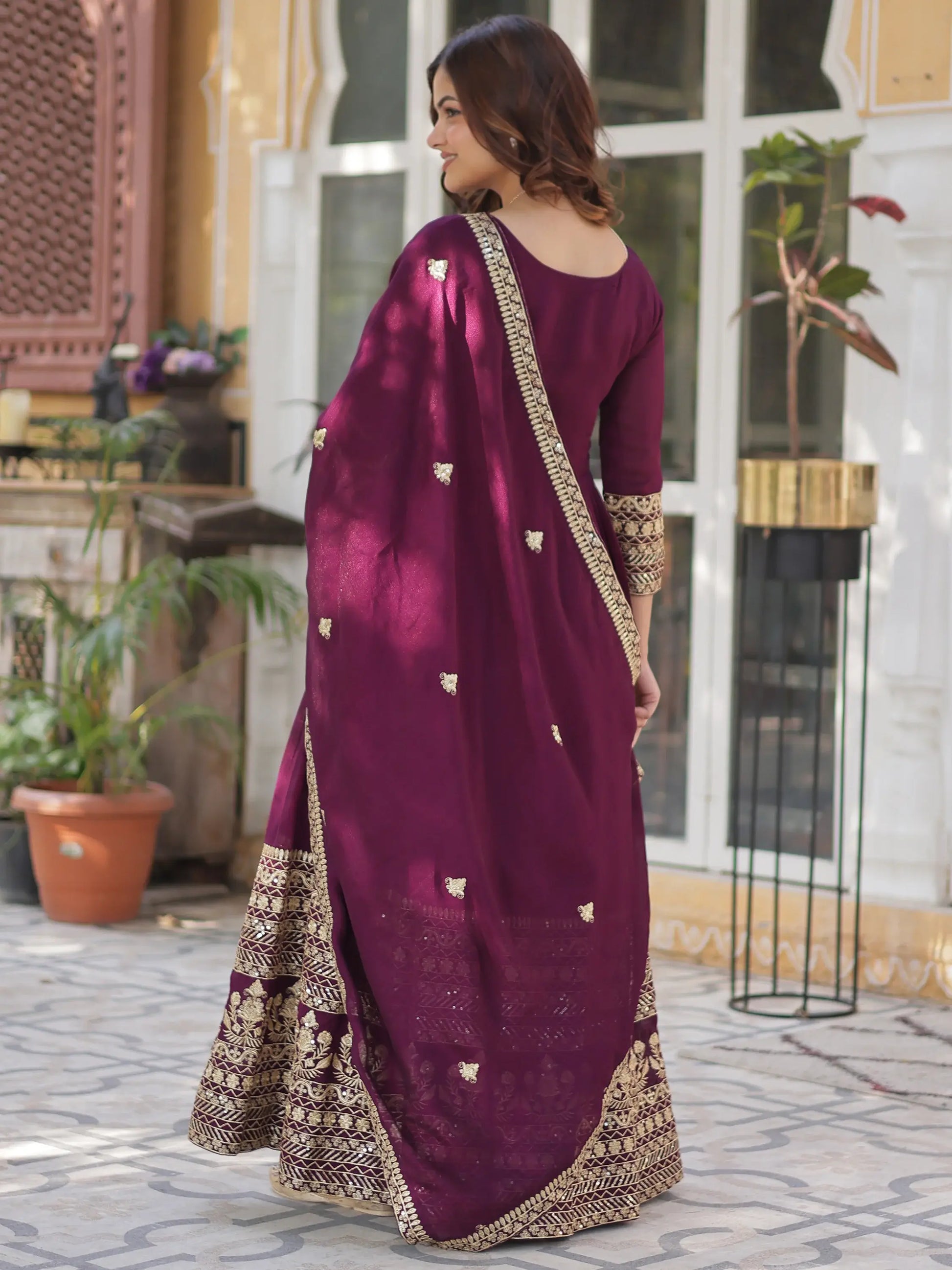 Beautiful Wine Zari Embroidered Silk Gown With Dupatta - Zeel Clothing