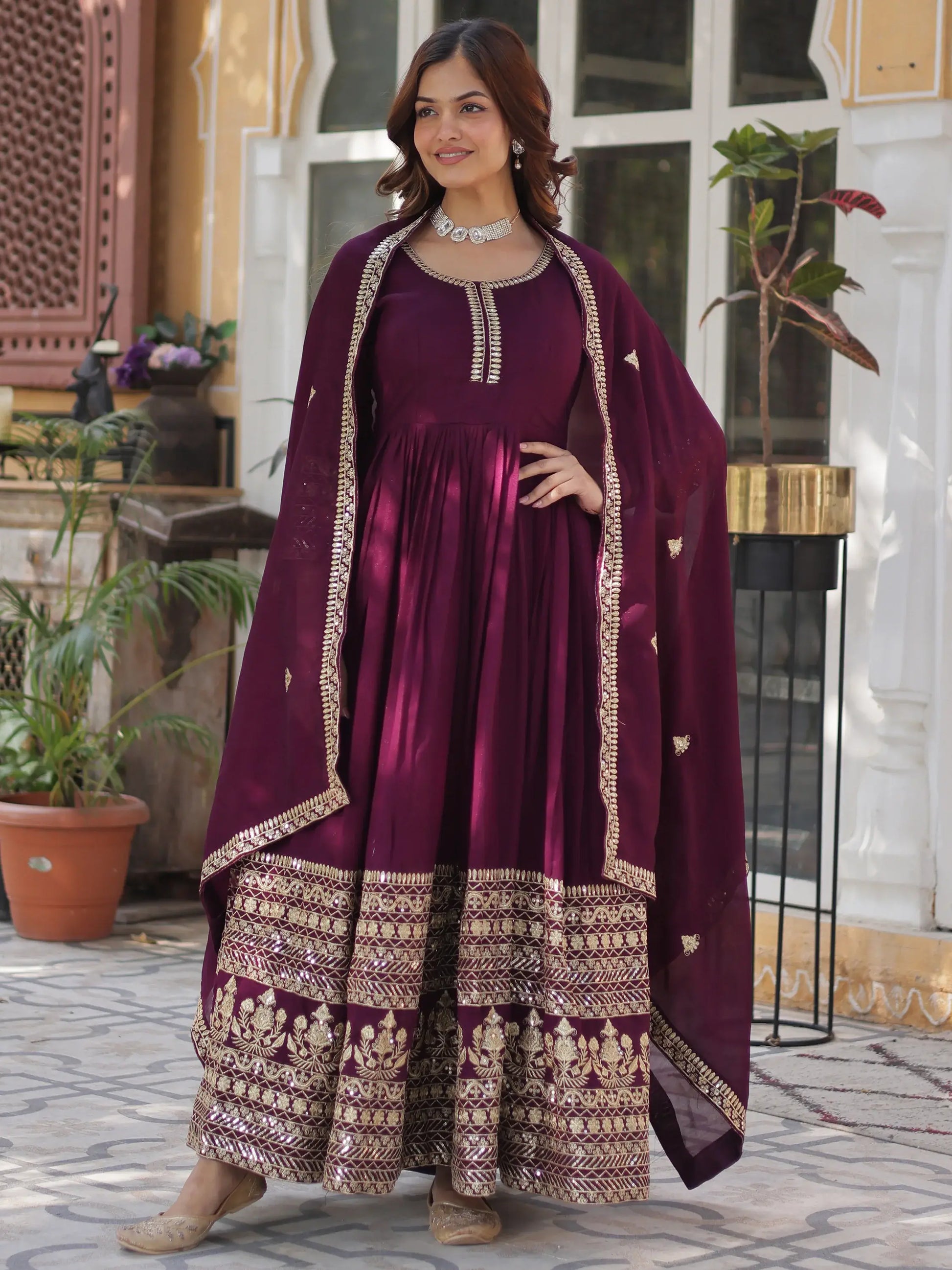 Beautiful Wine Zari Embroidered Silk Gown With Dupatta - Zeel Clothing