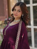 Beautiful Wine Zari Embroidered Silk Gown With Dupatta - Zeel Clothing