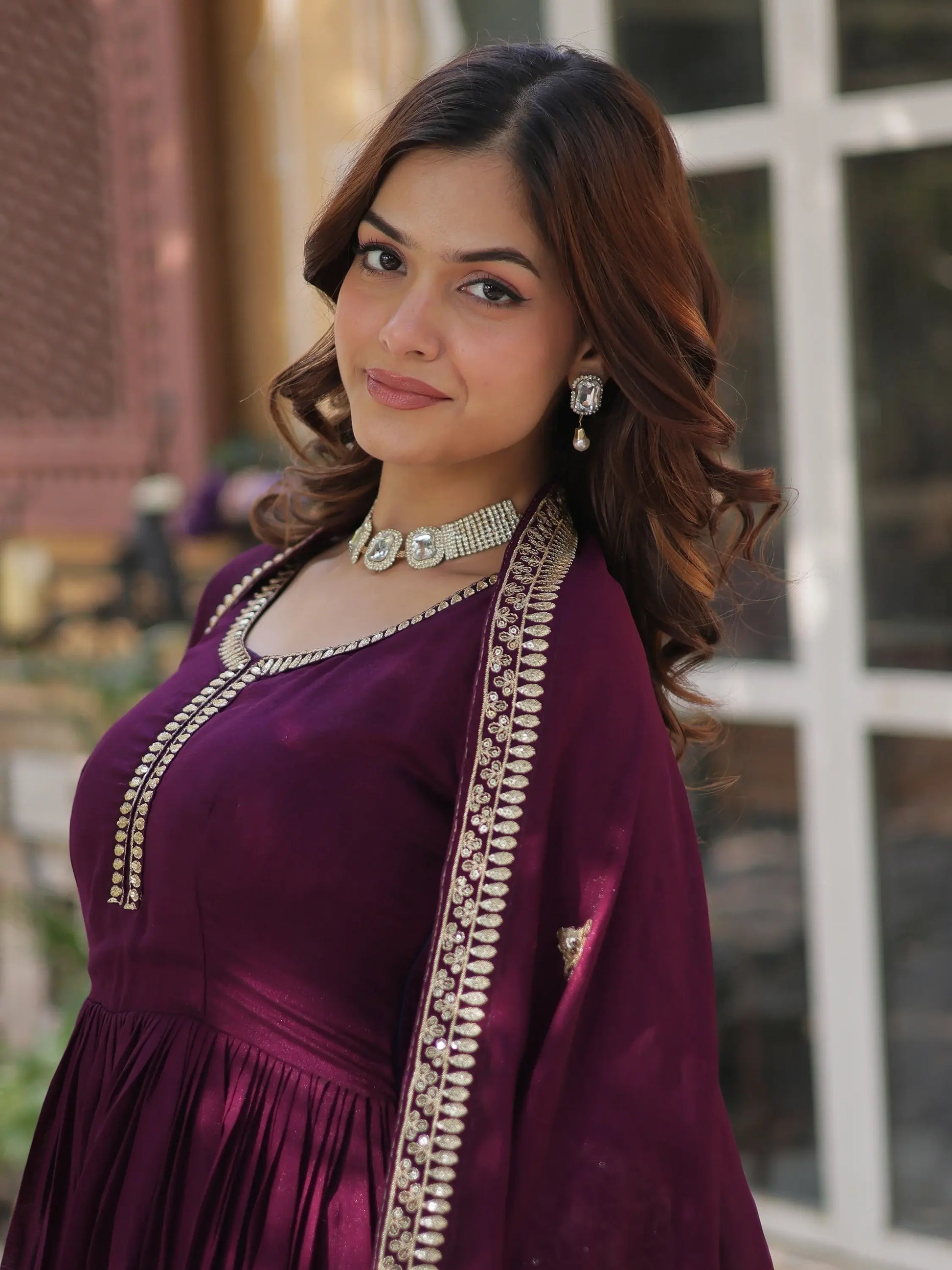 Beautiful Wine Zari Embroidered Silk Gown With Dupatta - Zeel Clothing