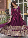 Beautiful Wine Zari Embroidered Silk Gown With Dupatta - Zeel Clothing
