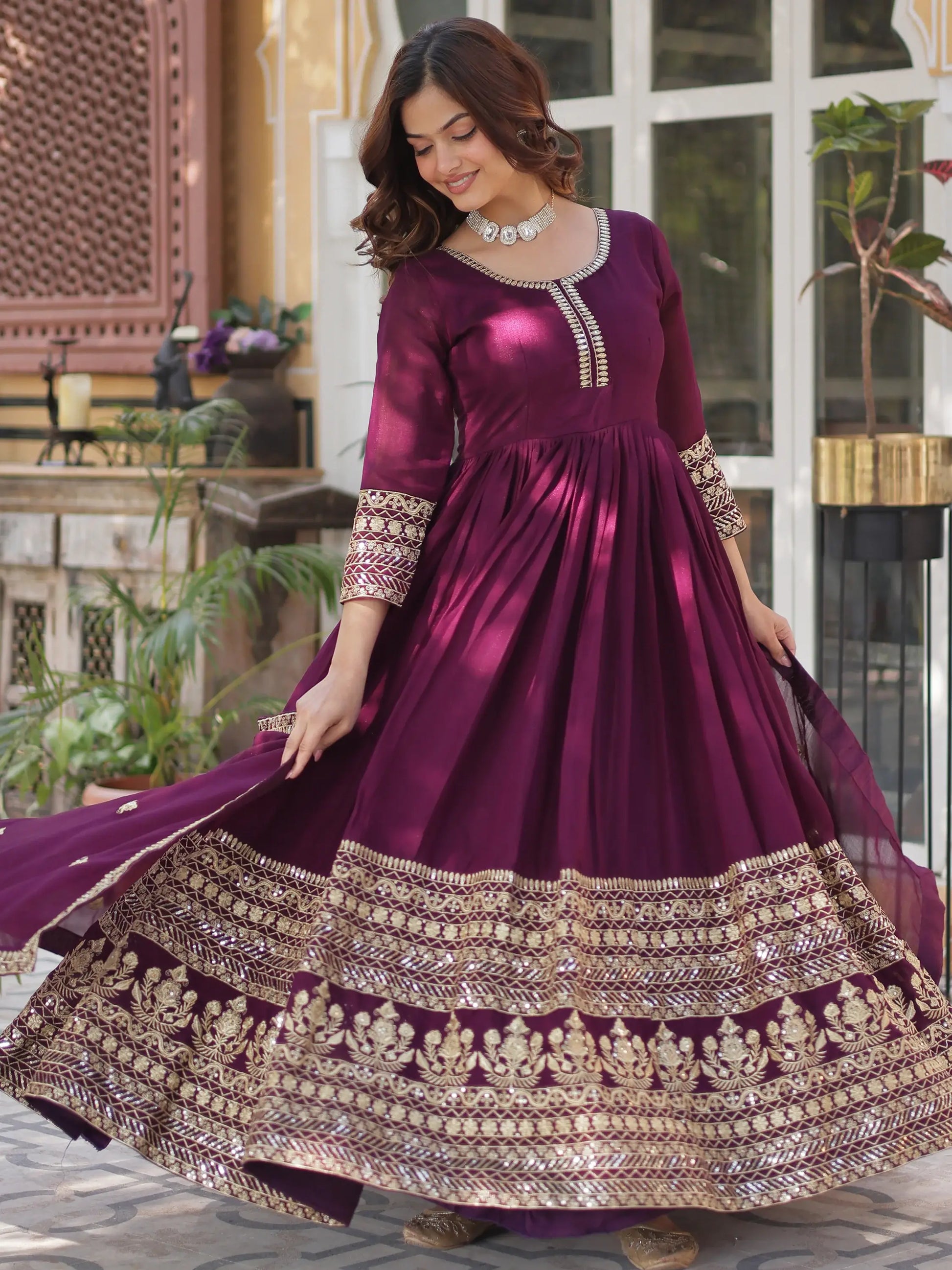 Beautiful Wine Zari Embroidered Silk Gown With Dupatta - Zeel Clothing