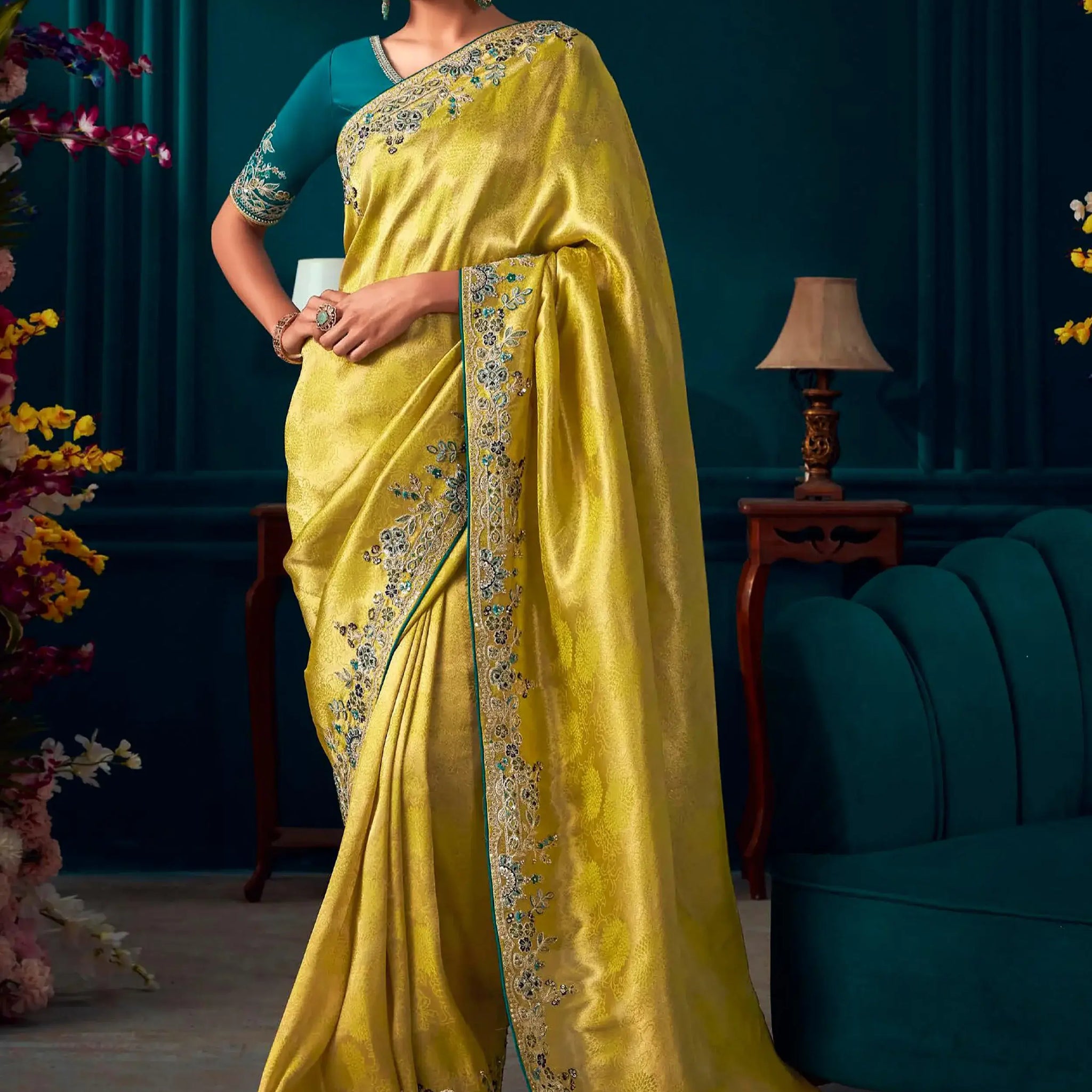 Beautiful Yellow Embroidered Kanjivaram Silk Wedding Wear Saree - Zeel Clothing