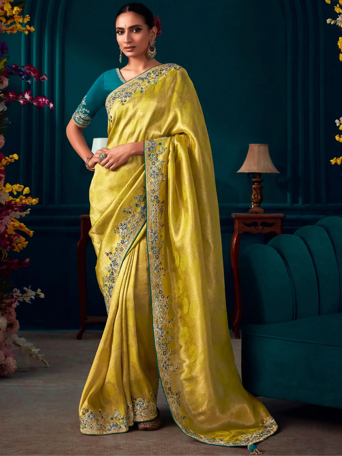Beautiful Yellow Embroidered Kanjivaram Silk Wedding Wear Saree - Zeel Clothing