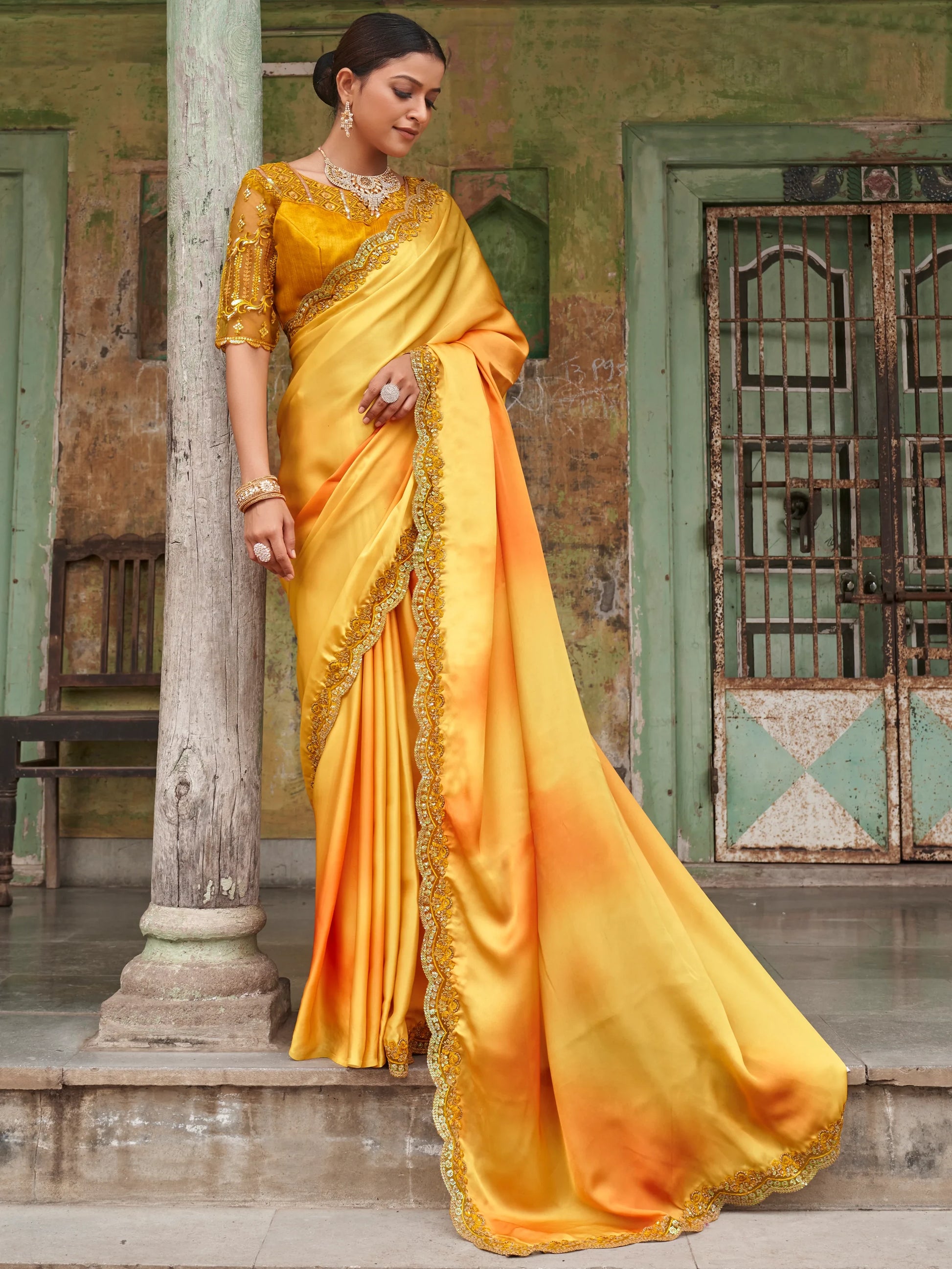 Beautiful Yellow Embroidered Satin Party Wear Saree With Blouse - Zeel Clothing