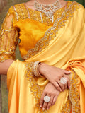Beautiful Yellow Embroidered Satin Party Wear Saree With Blouse - Zeel Clothing