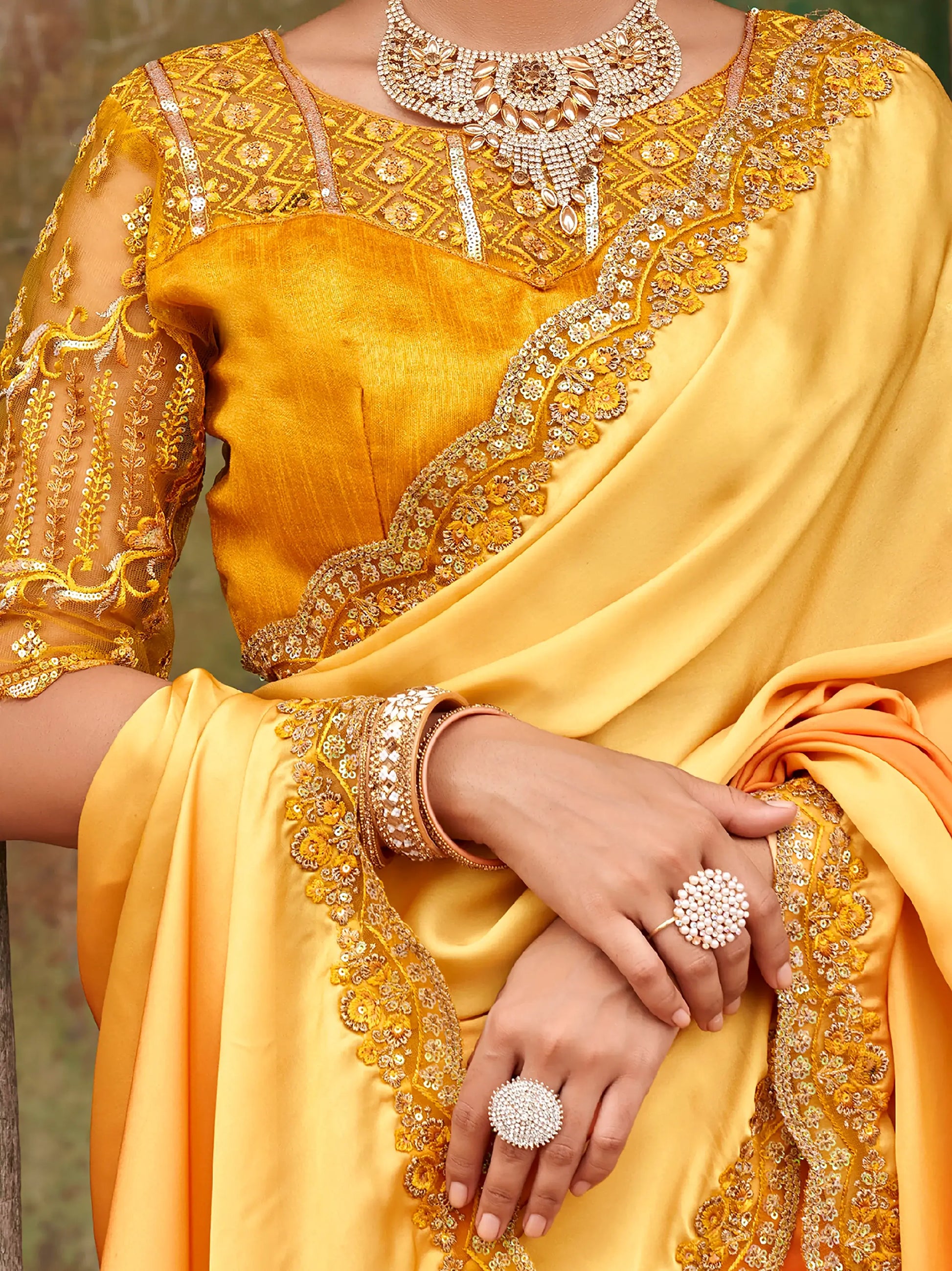 Beautiful Yellow Embroidered Satin Party Wear Saree With Blouse - Zeel Clothing