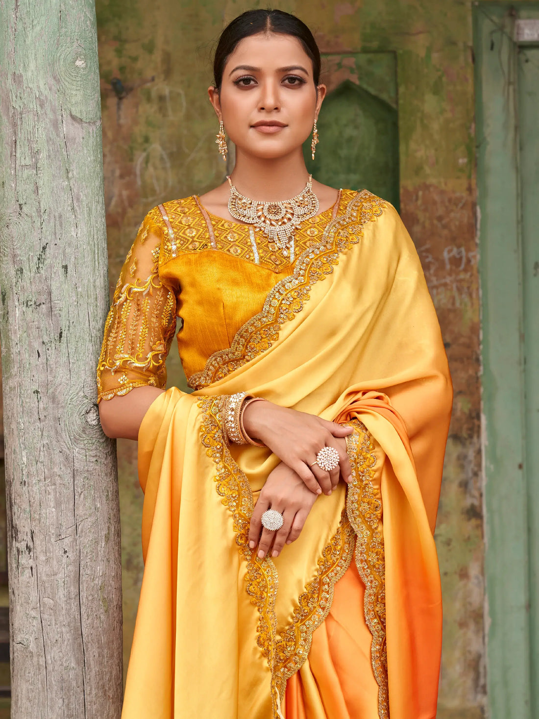Beautiful Yellow Embroidered Satin Party Wear Saree With Blouse - Zeel Clothing
