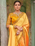 Beautiful Yellow Embroidered Satin Party Wear Saree With Blouse - Zeel Clothing