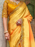 Beautiful Yellow Embroidered Satin Party Wear Saree With Blouse - Zeel Clothing