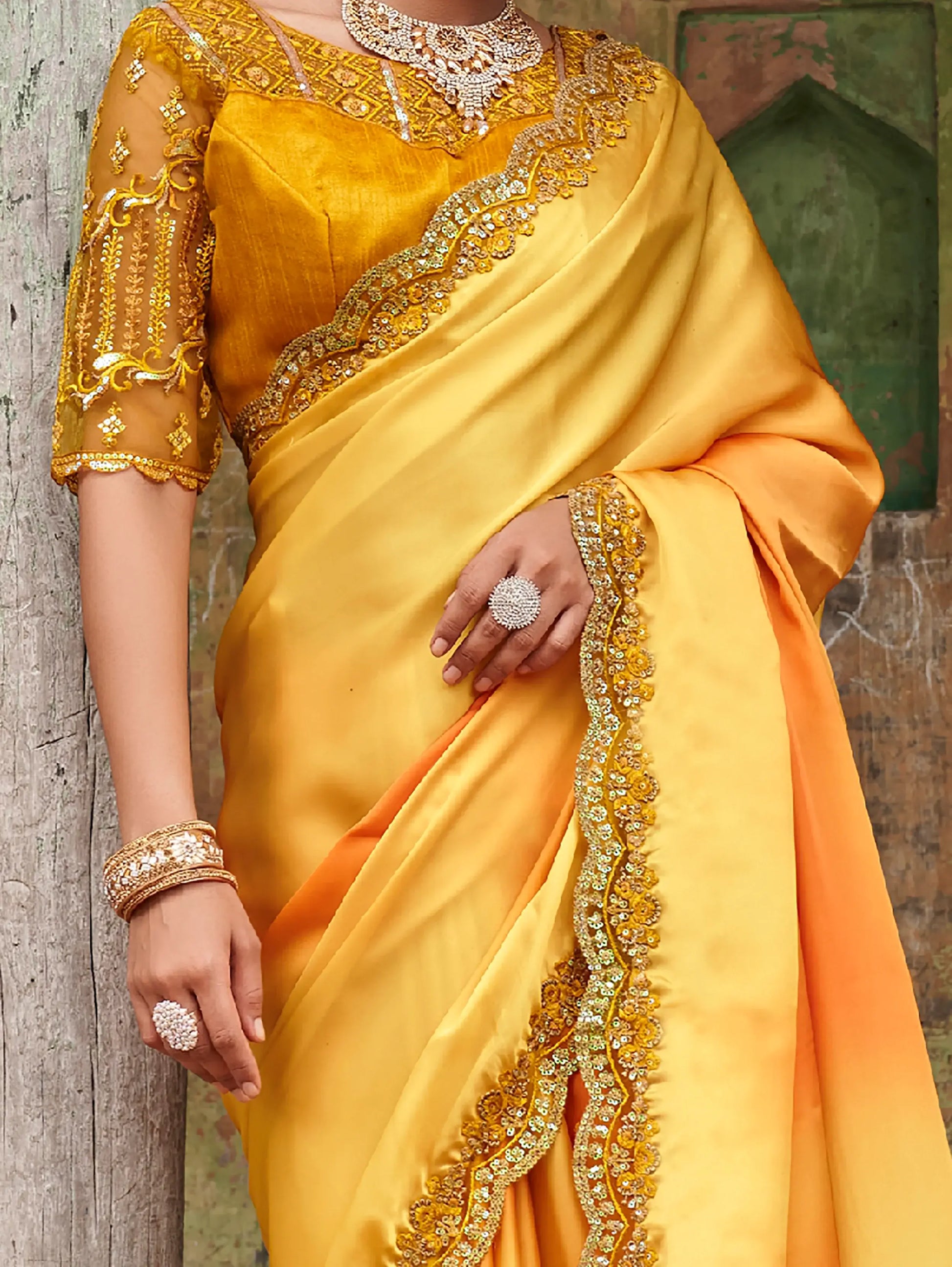 Beautiful Yellow Embroidered Satin Party Wear Saree With Blouse - Zeel Clothing