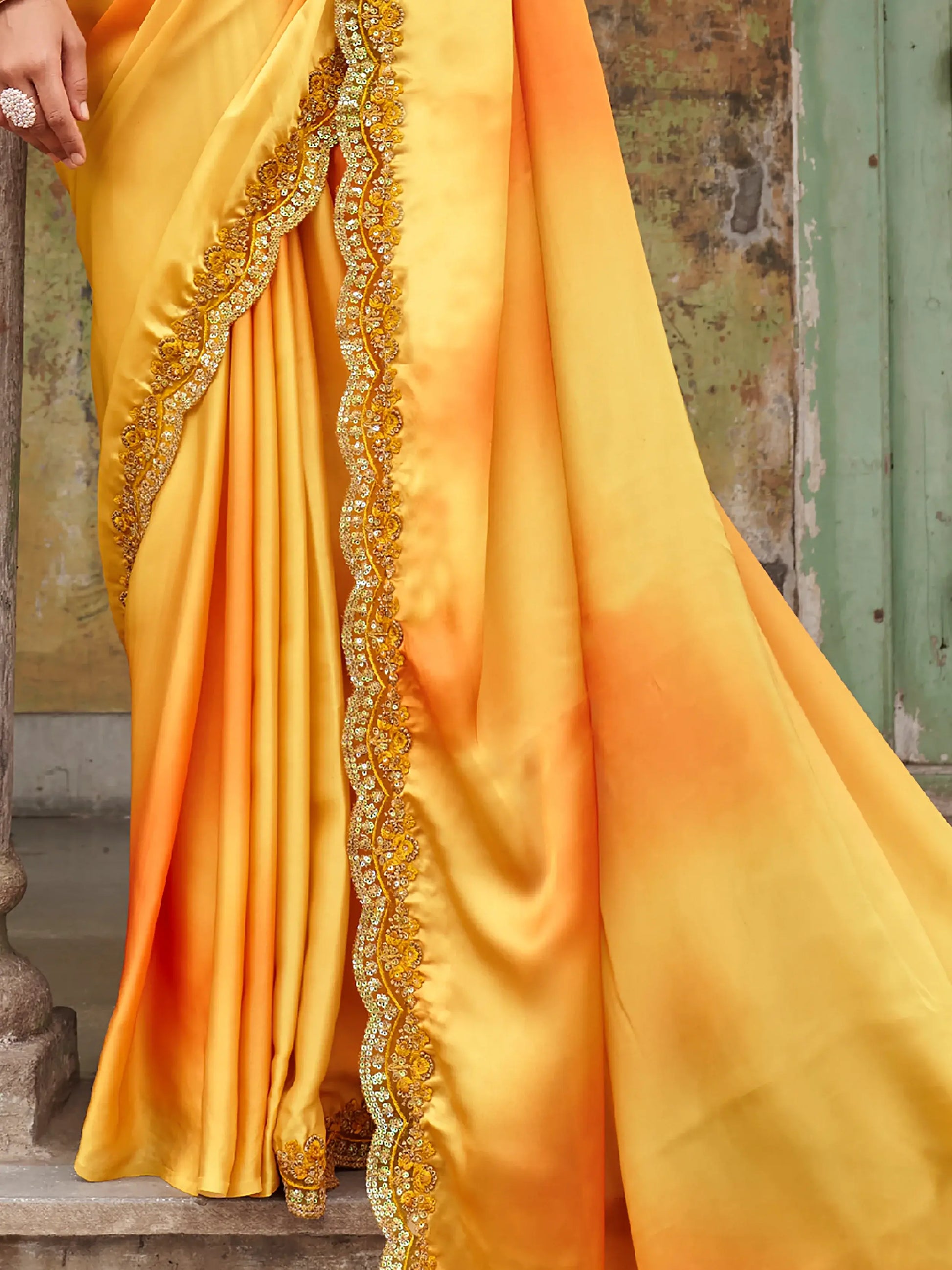 Beautiful Yellow Embroidered Satin Party Wear Saree With Blouse - Zeel Clothing