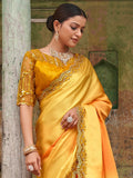 Beautiful Yellow Embroidered Satin Party Wear Saree With Blouse - Zeel Clothing