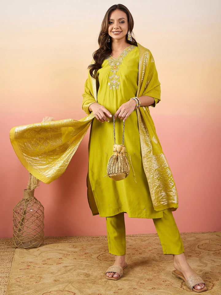 Beautiful Yellow Embroidered Silk Event Wear Pant Suit With Dupatta - Zeel Clothing