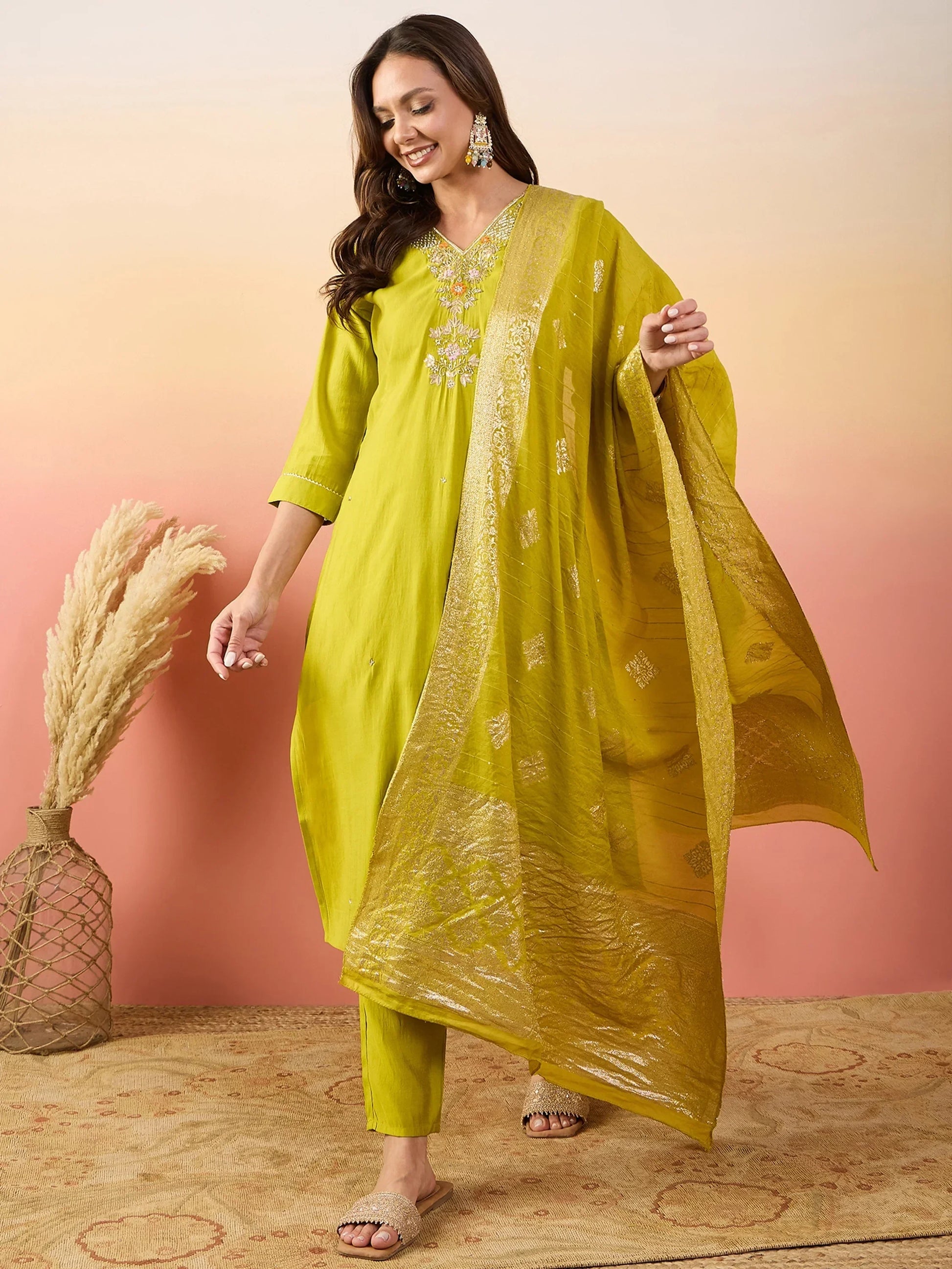 Beautiful Yellow Embroidered Silk Event Wear Pant Suit With Dupatta - Zeel Clothing