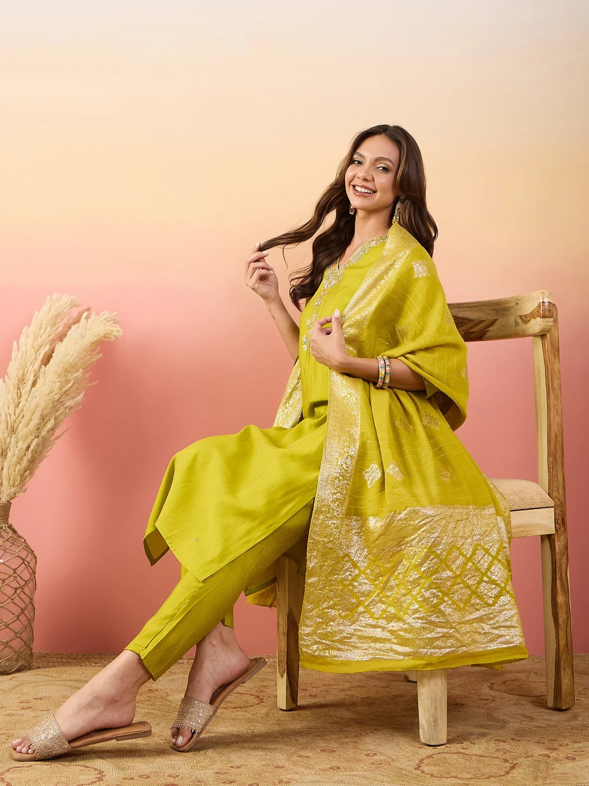 Beautiful Yellow Embroidered Silk Event Wear Pant Suit With Dupatta - Zeel Clothing