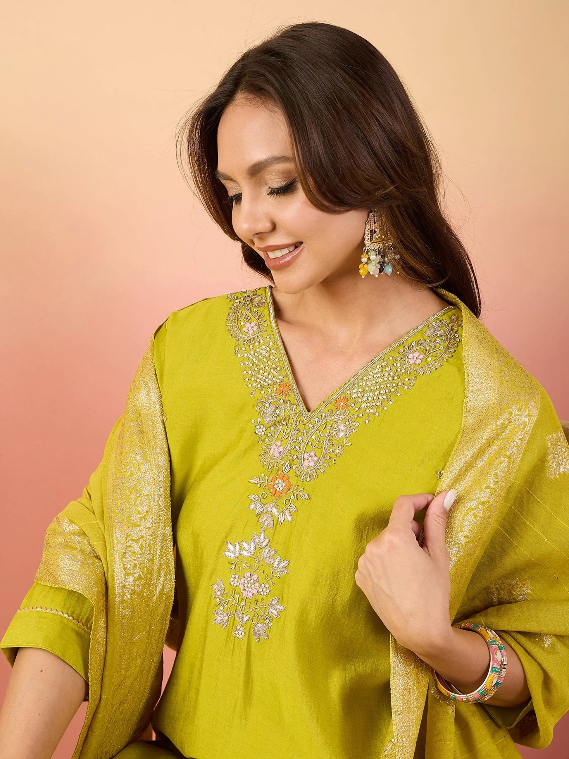 Beautiful Yellow Embroidered Silk Event Wear Pant Suit With Dupatta - Zeel Clothing