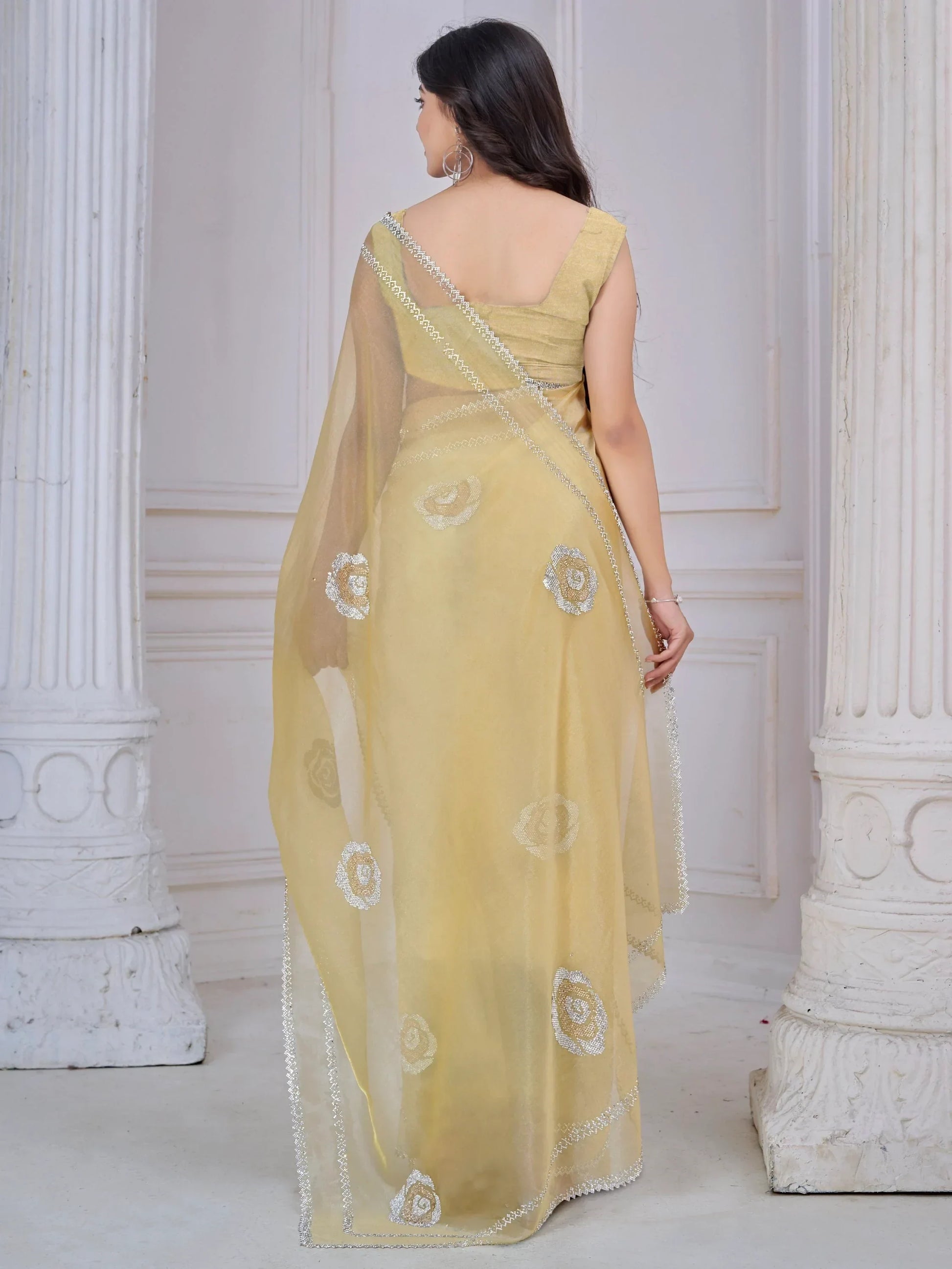 Beautiful Yellow Jarkan Work Organza Festive Wear Saree With Blouse - Zeel Clothing