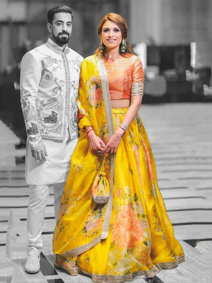 Beautiful Yellow-Orange Designer Digital Printed Lehenga Choli