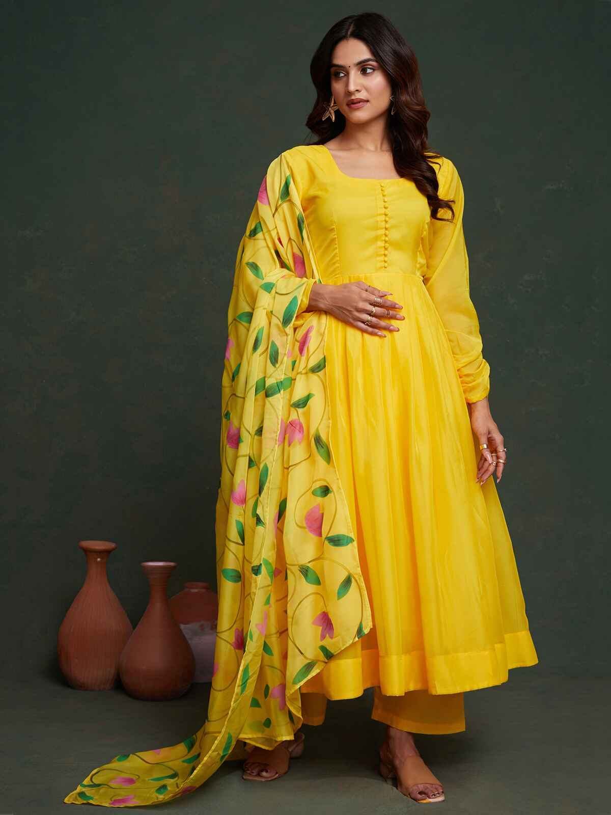 Beautiful Yellow Organza Haldi Wear Anarkali Suit With Dupatta - Zeel Clothing