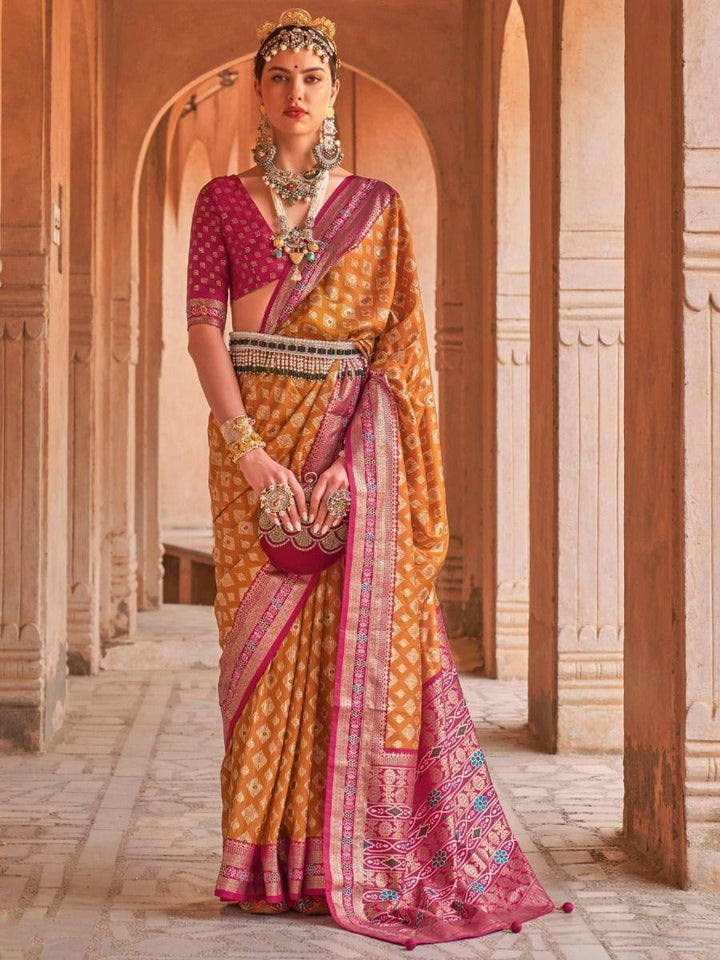 Beautiful Yellow Patola Print Silk Traditional Saree With Blouse