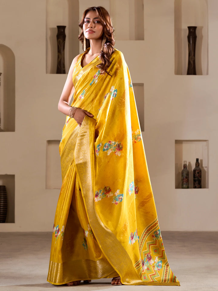 Beautiful Yellow Printed Silk Festival Wear Saree With Blouse - Zeel Clothing