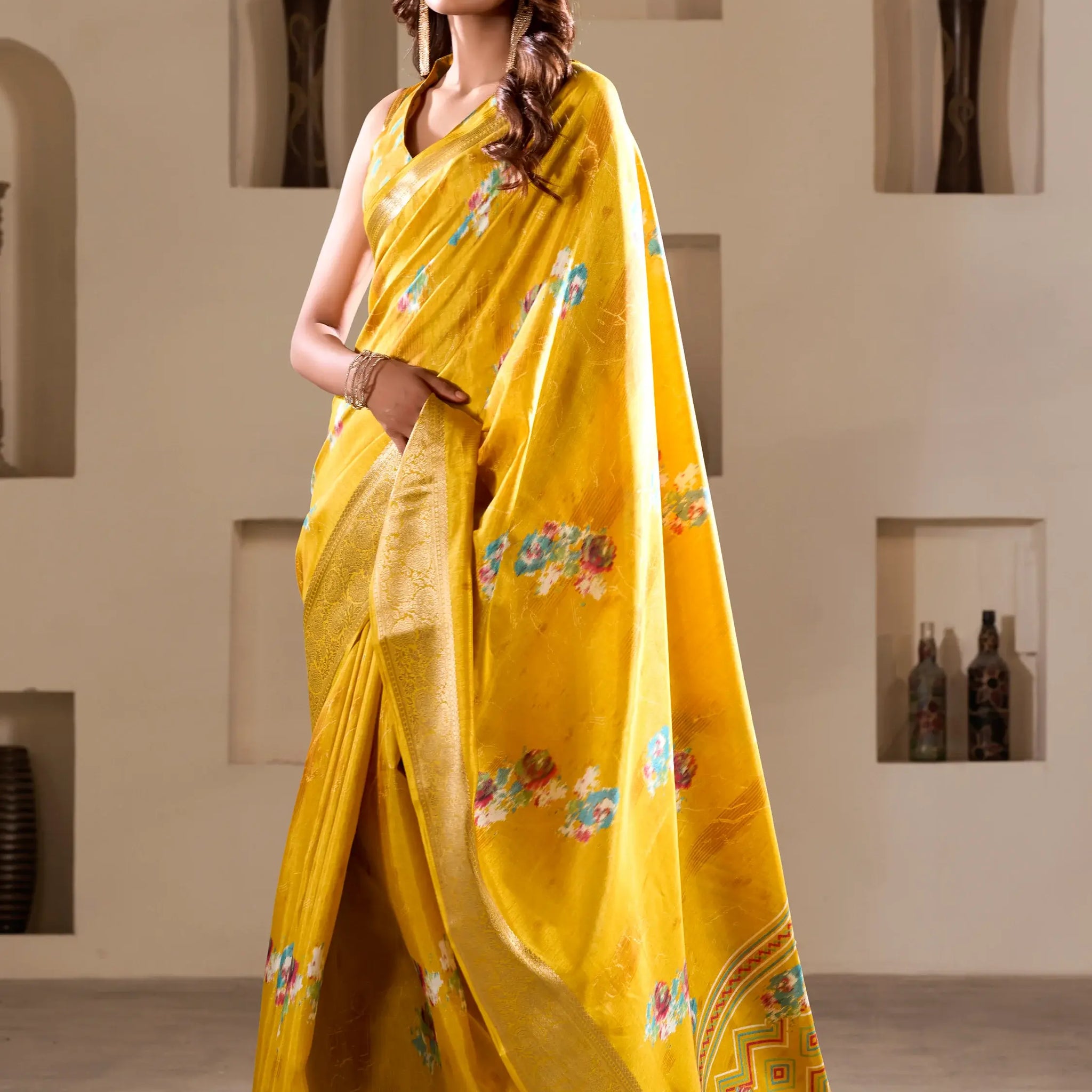 Beautiful Yellow Printed Silk Festival Wear Saree With Blouse - Zeel Clothing
